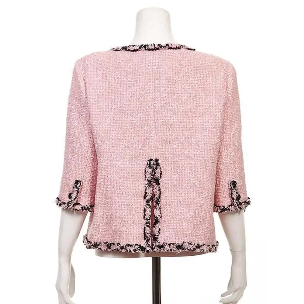 2007 CHANEL FR-34 Vintage 07P TWEED Pink Black Jacket Trim CC logo Buttons US-2 - Picture 5 of 15